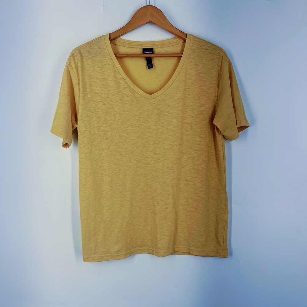 Patagonia Yellow V-Neck Short Sleeve Slub Texture T-Shirt Womens Small